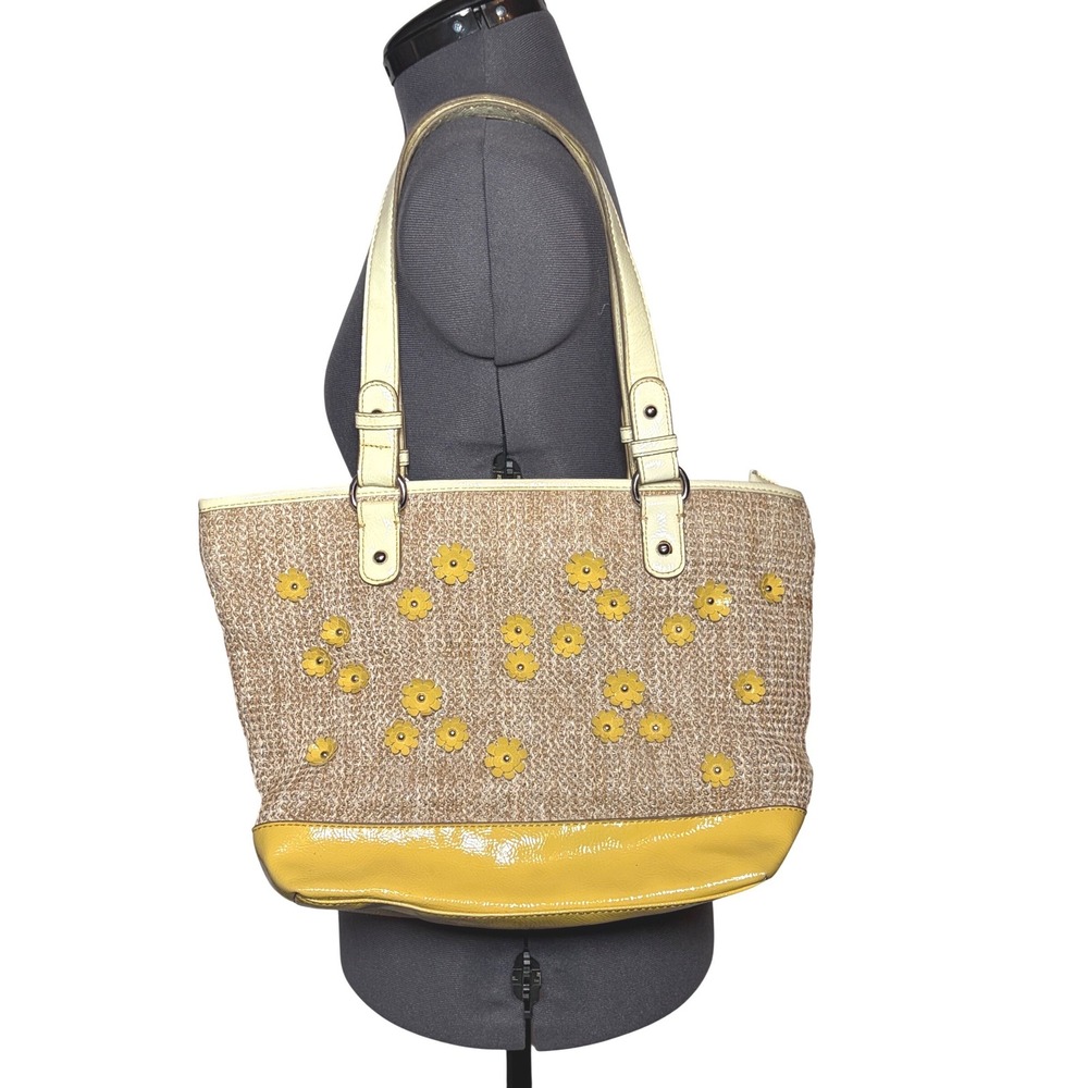 Vtg Y2K Straw Shoulder Tote Bag Yellow 3D Floral Summer Beach 2000s Nine & Co